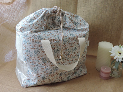 Sac à ouvrages en velours et coton fleuri – lien coulissant