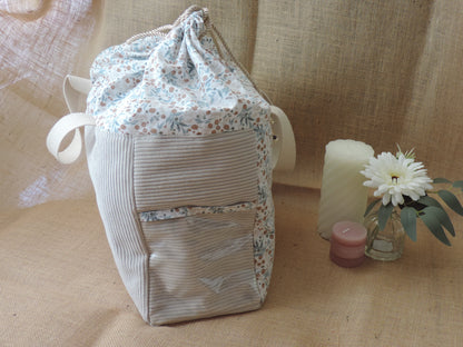 Sac à ouvrages en velours et coton fleuri – lien coulissant