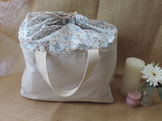 Sac à ouvrages en velours et coton fleuri – lien coulissant