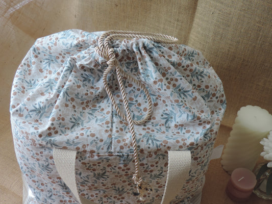 Sac à ouvrages en velours et coton fleuri – lien coulissant