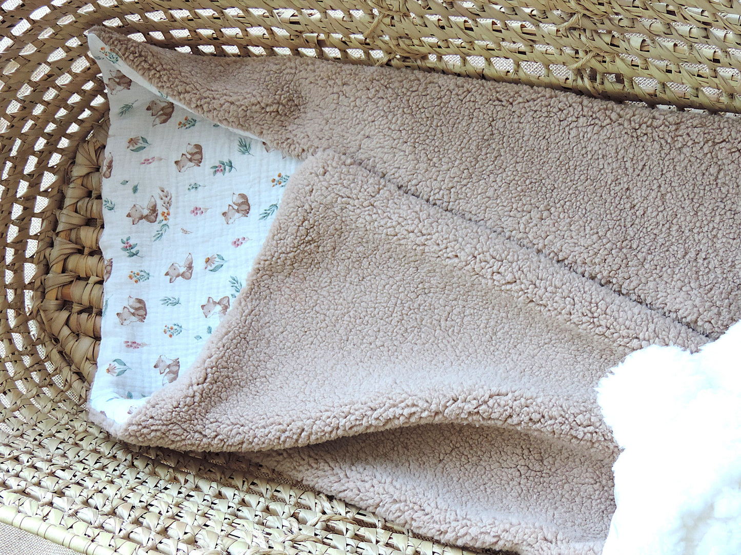 Couverture bébé personnalisée sherpa & gaze de coton - Renard