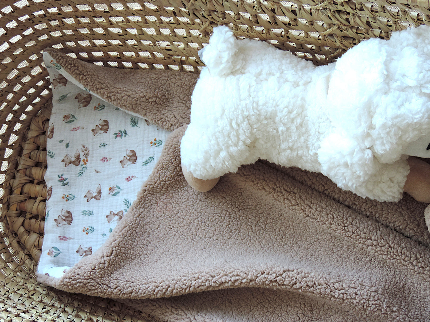 Couverture bébé personnalisée sherpa & gaze de coton - Renard
