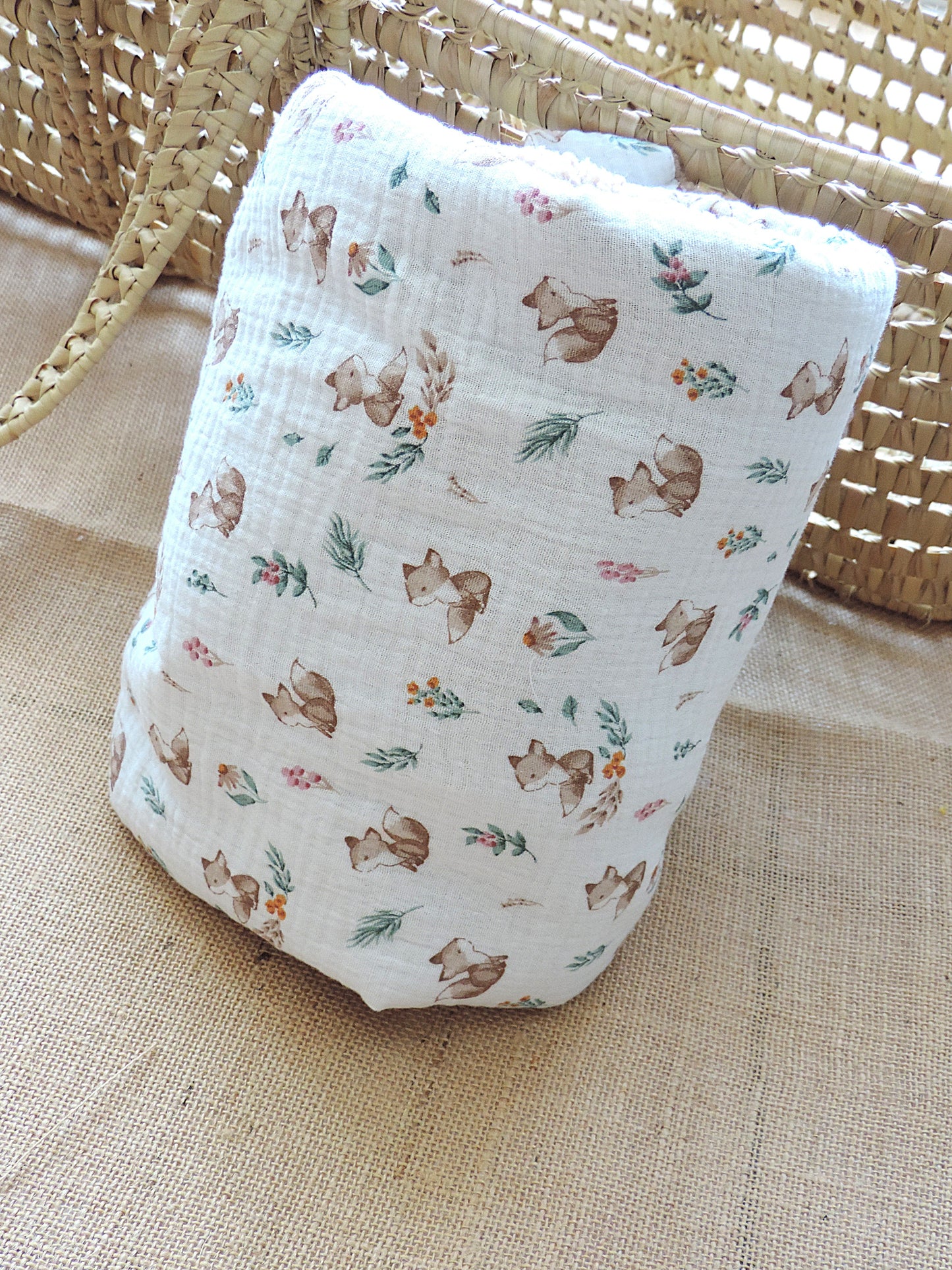 Couverture bébé personnalisée sherpa & gaze de coton - Renard